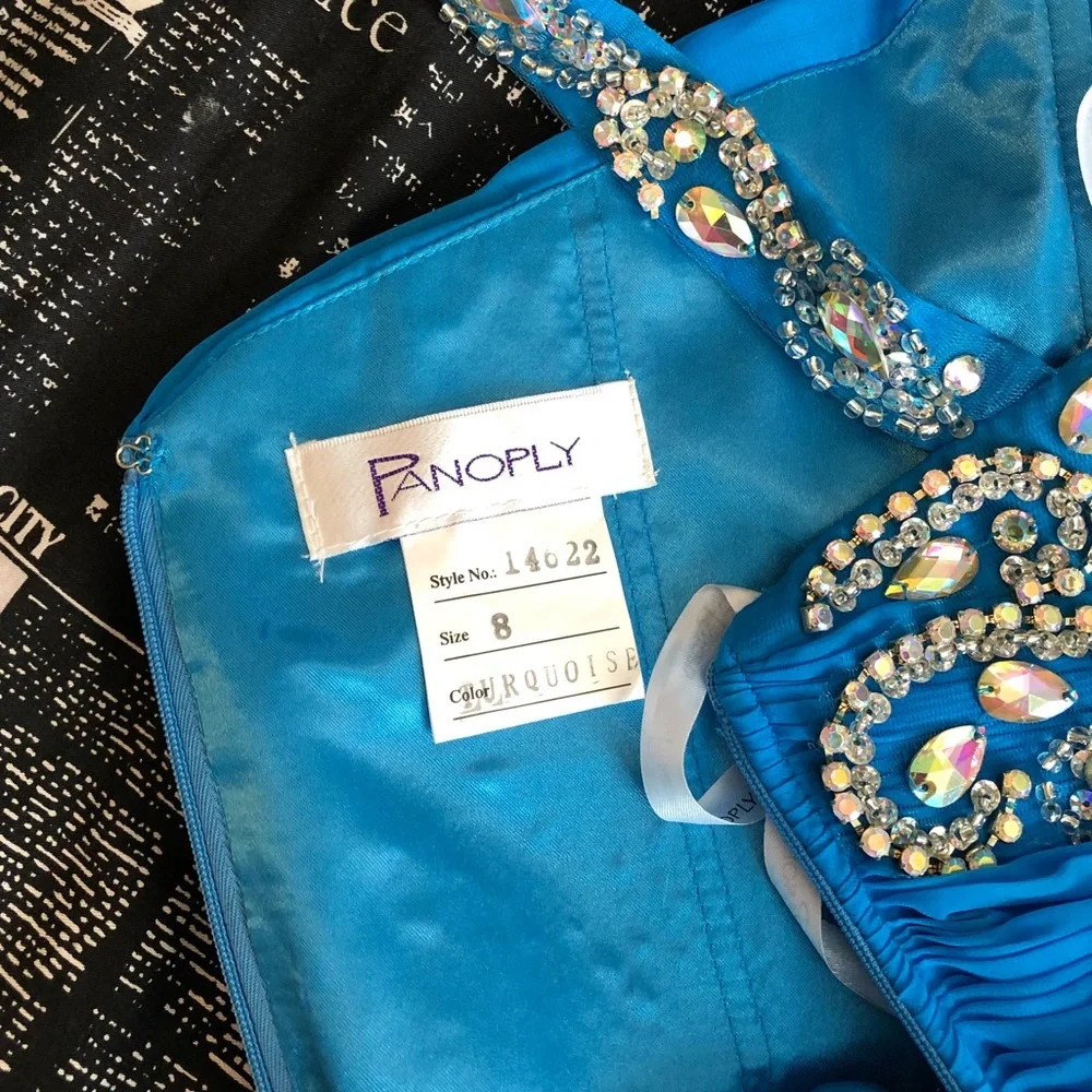 NEW PANOPLY SZ 8 TURQUOISE ONE SHOULDER JEWELED DRAPE FORMAL GOWN - Picture 7 of 9